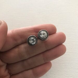 Silver Tone White Glass Rhinestone Swirl Stud Earrings